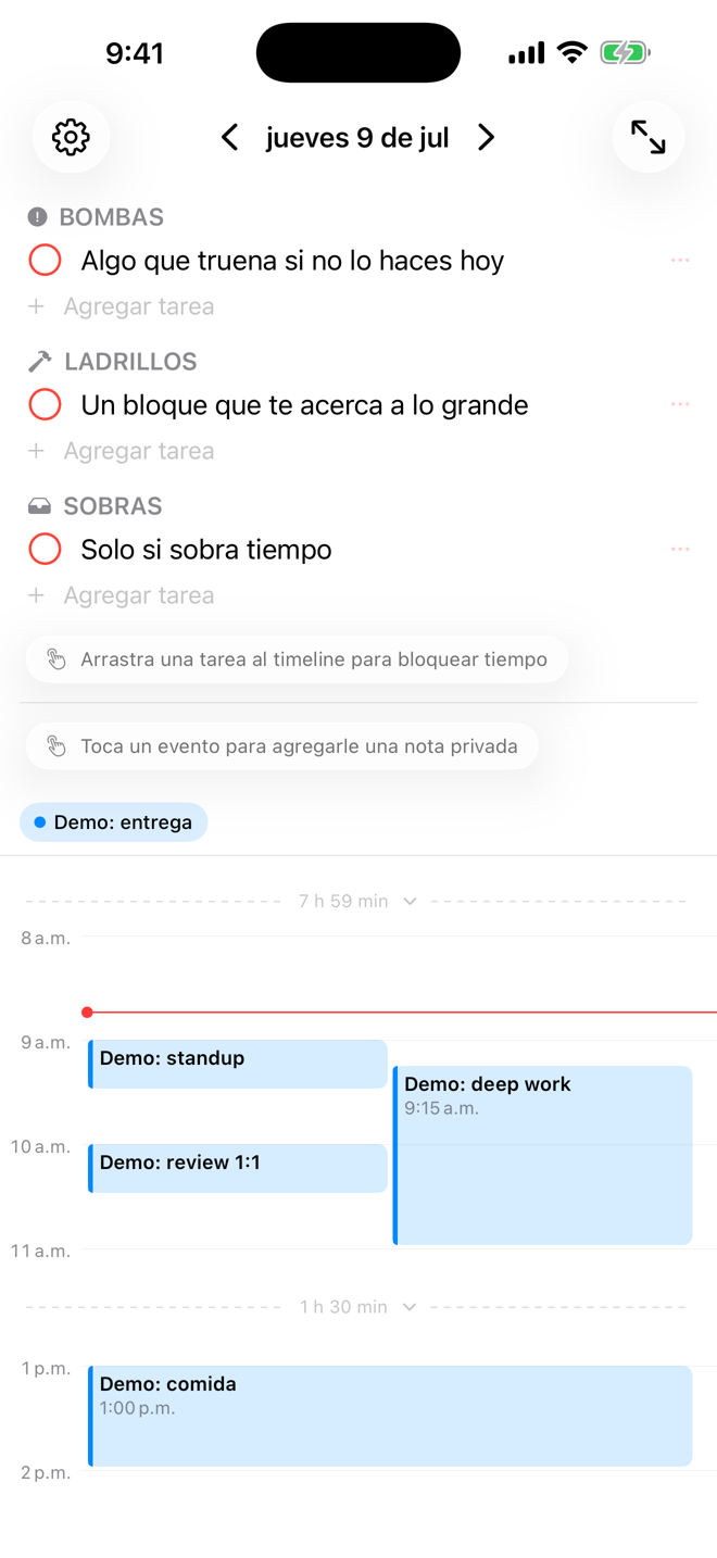 DaySlash en español: buckets Urgente, Construye y Si sobra